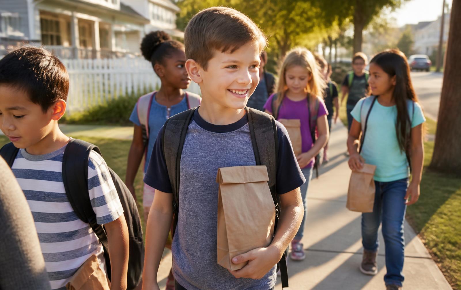 Elementary school children walking home with backpacks and brown lunch bags