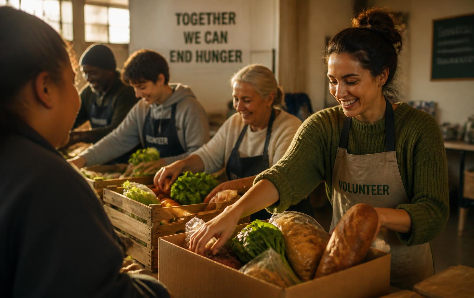 Volunteers packing boxes of fresh produce and bread at a Daily Bread distribution hub